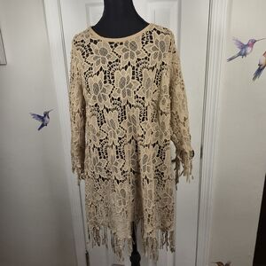 Denim 24/7 12W Cream Lace Tunic Top/Dress Fringe Long Sleeve Boho Dress